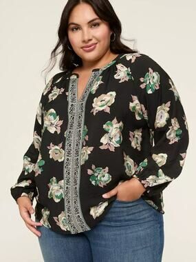 Lane Bryant Black Floral Easy Popover Top Blouse 2X Boho Chic Career Casual NEW